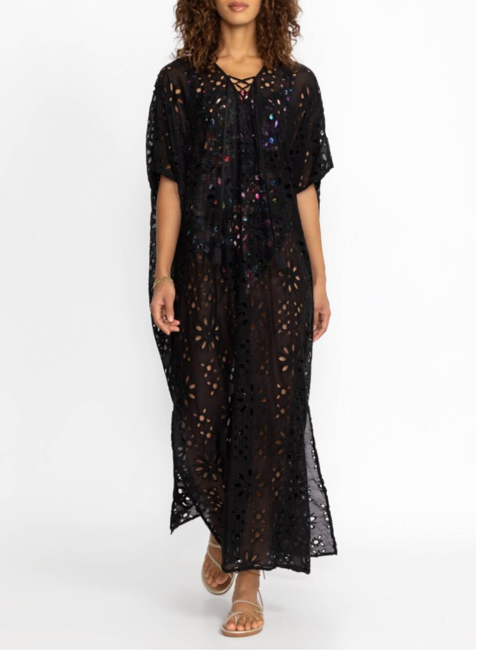 NWT – Johnny Was – Lace Up Maxi Kaftan Floral Swim Cover-Up Dress (Black) L/XL